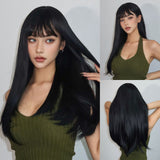 Xpoko Synthetic Long Straight Black Natural Hair Wig With Fluffy Bangs for Women Afro Cosplay Party Daily Wig Heat Resistant Fibre