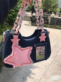 Xpoko back to school Korean Fashion Shoulder Underarm Harajuku Star Tote Denim Bag Chain Ladies Bags Zip Purses Handbags Women 2025 Luxury Square Bag