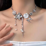 Xpoko Exaggerated Romantic Elegant Flower Tassel Necklace Metal Butterfly Vintage Pearl Choker Jewelry For Women Aesthetic Accessorie