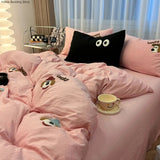 Xpoko Ins Cartoon Cute Dog Bedding Set Towel Embroidery Duvet Cover Queen Twin Full Size Pink Bed Flat Sheet Quilt Cover Pillowcases