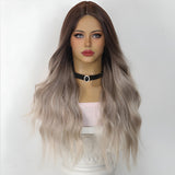 Xpoko Black Gray Long Hair Wig With Curly Natural Gradient Color Big Wave Wig Strap Split Bangs Ladies' Daily Party Wig