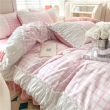 Xpoko Korean Style Princess Bedding Set Luxury Pink Lattice Duvet Cover Ruffles Lace Bedspread Bed Sheet Pillowcases