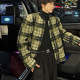 Xpoko Men Winter Outfit Men's Tweed Plaid Blazers Cardigan Autumn Winter Trend Collarless Short Jacket Fashion Green Korean Style Chic Elgance Coat