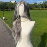 Xpoko Handmade Small Lace Gray Gradient Highlight Dyed Corn Perm Long Hair Wave Roll Realistic Synthetic Fiber Full Head Wig