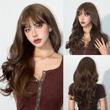 Xpoko Long Wavy Brown Synthetic Wig Long Curly Wig with Bangs for White Women Korean Daily Party Cosplay Christmas Heat Resistant Hair