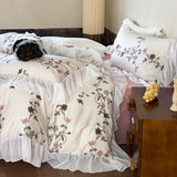 Xpoko  -  Lace Ruffles Princess Pure Cotton Bedding Set Floral Quilt Cover Girls Wedding Home Textiles Duver Cover Bed Sheet Pillowcases