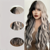 Xpoko Long Wavy Silver Grey Black Highlight Wig 27in Natural Heat Resistant Fiber Synthetic Curly Light Grey Black Ombre Wigs with