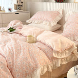 Xpoko 100% Cottom queen bedding set Romantic printed rose ruffle pink bedding set princess home textile linen bed sheet set twin size