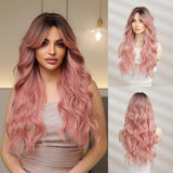 Xpoko Ombre Pink Wavy Wig With Bangs For Women 26 Inch Highlight Wig Natural Looking Heat Resistant Premium Fiber Synthetic Wig