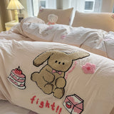 Xpoko  -  Pink Rose Cartoon Bedding Set, Dinosaur, Cat, Bear, Rabbit, Towel Embroidery, Single, Double Duvet Cover, Bed Sheet, Pillowcase