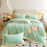 Xpoko - Floral Embroidery Matte Milk Velvet Comforter Cover Bedding Set