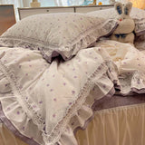 Xpoko  -  Double Layer Lace Ruffles Pure Cotton Bedding Set Lavender Floral Duvet Cover Set Bed Skirt/Flat Sheet/Fitted Sheet Pillowcases