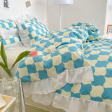 Xpoko Hot Luxury Romantic Ruffle Bedding Set 3/4pcs Sweet Princess Lace Duvet Cover Colorful Plaid Quilt Cover Bed Sheet Pillowcase