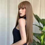 Xpoko Long Straight Synthetic Wigs Light Brown Hair with Bangs Natural Brown Wig for White Women Heat Resistant Daily Party Cosplay