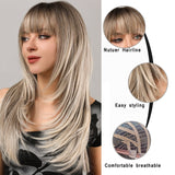 Xpoko Women Blonde Wigs Long Blonde Bangs Dark Root Layered Synthetic Wig For Daily Use Suitable For Fashion Ladies