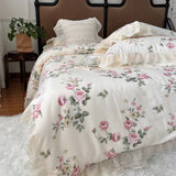 Xpoko  -  100% Cotton Vintage French Pastoral Style Rose Flowers Double Layer Lace Ruffles Bedding Set Duvet Cover Bed Skirt Pillowcases