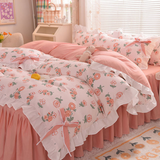 Xpoko Pastoral Style Bedding Set Cotton 3/4pcs Floral Duvet Cover with Pillowcases Cute Flowers Bed Skirtwith Zipper Quilt Cover