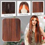 Xpoko Ombre Orange Brown Long Straight Wigs with Curtain Bangs Natural Heat Resistant Synthetic Fiber Layered Auburn Highlight Midlle