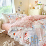 Xpoko Kawaii Peach Bedding Set For Home Cotton Twin Full Queen Size Strawberry Bear Cute Fitted Bed Sheet Pillowcases Duvet Cover