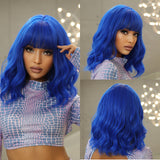 Xpoko Blue Short Bob Cosplay Lolita Synthetic Wigs Water Wavy Hair Wig with Bangs for Women Natural Heat Resistant Halloween Party Use