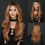 Xpoko Synthetic Long Loose Wavy Light Brown Wig for Women Daily Party Highlight Blonde Looking Wavy Wigs Middle Part Wig