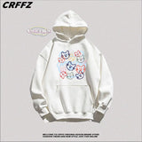 Xpoko Korean lazy style white hooded sweatshirt for women cute and fun cartoon cat print sweatshirt for men casual niche couple wear