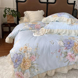 Xpoko  -  100% Cotton Vintage French Pastoral Style Rose Flowers Double Layer Lace Ruffles Bedding Set Duvet Cover Bed Skirt Pillowcases