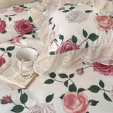 Xpoko  -  100% Cotton Vintage French Pastoral Style Rose Flowers Double Layer Lace Ruffles Bedding Set Duvet Cover Bed Skirt Pillowcases