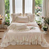 Xpoko  -  Lyocell Fiber Summer Quilt Romantic Lace Ruffles Princess Bedding Set Soft Silky Summer Comforter Blanket With 2 pillowcase 4Pcs