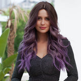 Xpoko Long Wavy Ombre Brown Purple Synthetic Wigs For Women Heat Resistant Natural Middle Part Cosplay Party Lolita Hair Wigs