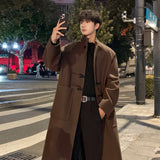 Xpoko Men Winter Outfit Autumn Winter Men Horn Button Woolen Coat Mid Length Stand Collar Trench Coat Solid Color Big Pocket Overcoat Streetwear