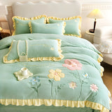 Xpoko - Floral Embroidery Matte Milk Velvet Comforter Cover Bedding Set