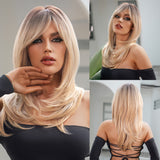 Xpoko Long Straight Layered Wigs With Bangs Ombre Red to Black Wig Heat Resistant Fiber Natural Synthetic Wig for Women
