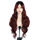 Xpoko Synthetic Lace Wigs 28" Ombre Dark Red Color Hair with Bang Long body Wavy Wig For Women Lace Wig Heat Resistant Cosplay Wigs