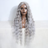 Xpoko Synthetic Lace Front Curly Wigs For Women 30 inches Soft Deep Wavy Grey Color  Cosplay Wigs Heat Resistant