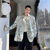 Xpoko Men Winter Outfit Korean Men's Sequins Blazer Glitters Bling Suit Jackets Singer Stage Shiny Clothing Black Silver Oversize Party Suit Coat Man