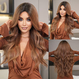 Xpoko Long Loose Wave Light Camel Wigs With Dark Roots High Quality Synthetic Layered Middle Part Hair Wig For Women