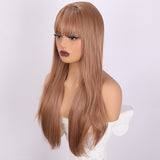 Xpoko Daily party 24 inch chocolate brown straight tube high-temperature silk women's bangs layered wig suitable for women's use