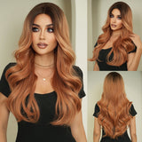 Xpoko Long Loose Wave Light Camel Wigs With Dark Roots High Quality Synthetic Layered Middle Part Hair Wig For Women