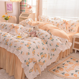 Xpoko Pastoral Style Bedding Set Cotton 3/4pcs Floral Duvet Cover with Pillowcases Cute Flowers Bed Skirtwith Zipper Quilt Cover