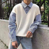 Xpoko Fake two-piece sweater for men in autumn style thin shirt collar bf Korean style chic jacket top student knitted sweater trendy