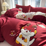 Xpoko  -  Pink Rose Cartoon Bedding Set, Dinosaur, Cat, Bear, Rabbit, Towel Embroidery, Single, Double Duvet Cover, Bed Sheet, Pillowcase