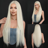 Xpoko Synthetic Long Straight Platinum ﻿Wig For Women Mid Split Wig Daily Use Party High Density  Heat Resistant Synthetic Wigs