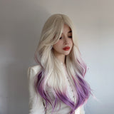 Xpoko Gradient Women's Wig Purple Straight Hair Daily Party Lolita Cosplay Women's Pink Synthetic Fiber Wig