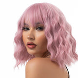 Xpoko Synthetic Pastel Wavy Wig With Bangs Ladies Short Style Pink Wig Role Play Suitable For Girls Daily Use Wig