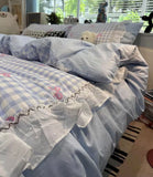 Xpoko  -  Sweet fairyfair pink blue plaid bow bedding set 1.5 1.8,full queen elegant cotton home textile bed sheet pillow case quilt cover