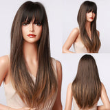 Xpoko Brown Highlight Synthetic Wigs Long Silk Straight Wig with Bangs Middle Part Natural Brown Daily Wig Heat Resistant