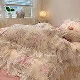 Xpoko  -  Korean Style Lace Ruffles Pure Cotton Bedding Set Little Floral Duvet Cover Set Bed Skirt/Flat Sheet/Fitted Sheet Pillowcases