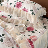 Xpoko  -  100% Cotton Vintage French Pastoral Style Rose Flowers Double Layer Lace Ruffles Bedding Set Duvet Cover Bed Skirt Pillowcases