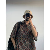 Xpoko Mid-length large size hip-hop street summer retro loose shirt for couples no-iron drape half-sleeved shirt for men and women y2k